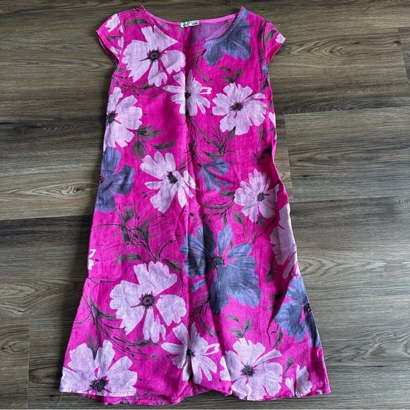 Made in Italy 100% Linen Pink Floral Dress Small* Short Sleeve Pockets Stretch - Picture 1 of 9